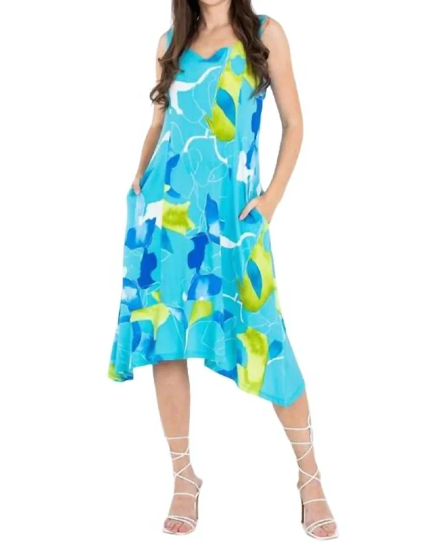 Handkerchief Hem Abstract Pattern Midi Dress In Light Blue