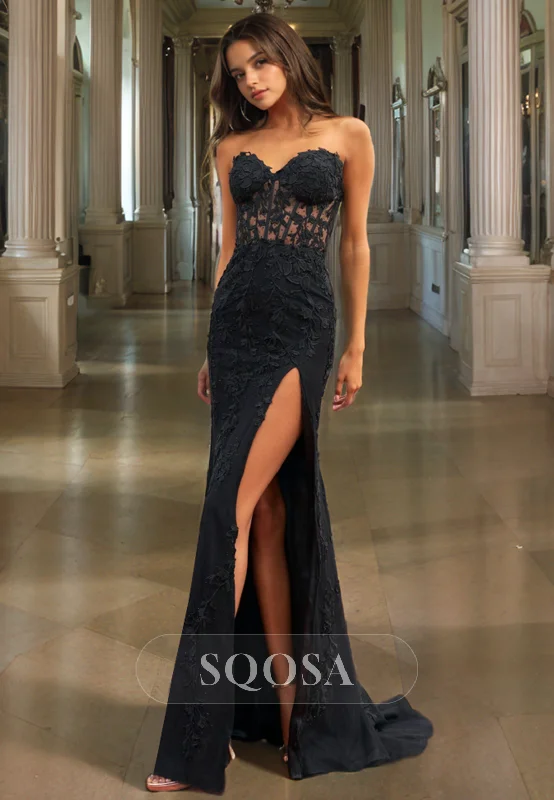 Sheath Sweetheart Lace Appliques Black Prom Dress with Slit