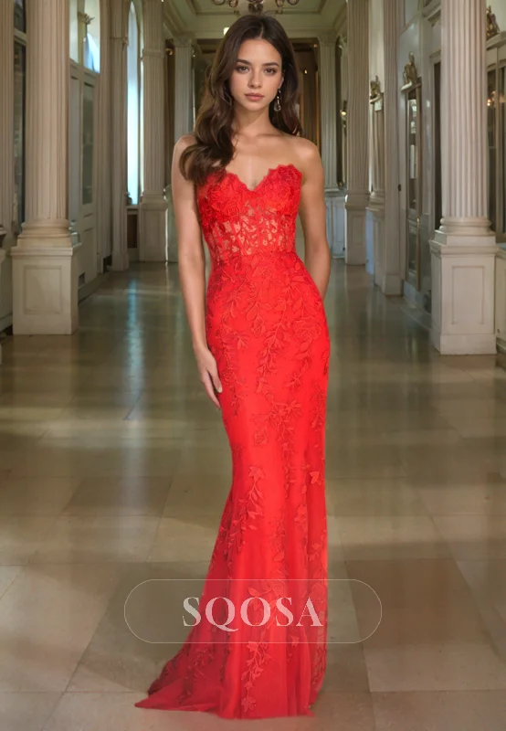 Sheath Sweetheart Lace Appliques Red Prom Dress Long Graduation Dress