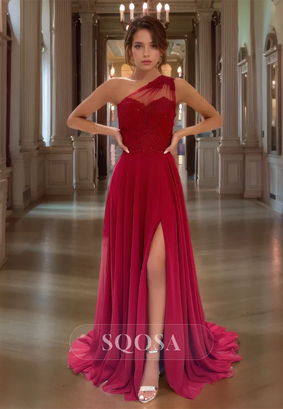 A Line One Shoulder Lace Appliques Side Slit Red Formal Dress Long Prom Dress