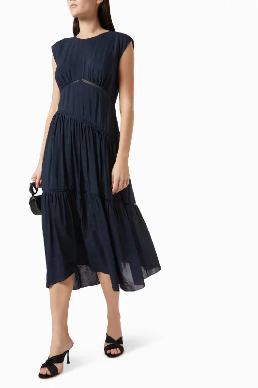 Gathered Seam Lace Inset Dress In Navy