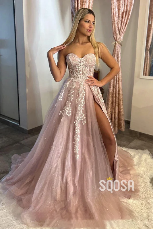 A-line Sweetheart Lace Appliques Pink Long Prom Dress QP0853